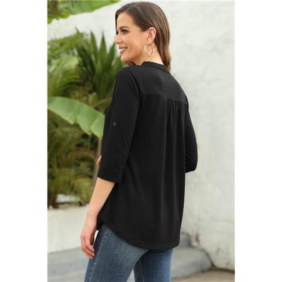 Women's Dressy Casual Tops - 3/4 Sleeve V-Neck Chiffon Work Blouses - Picture 4 of 7